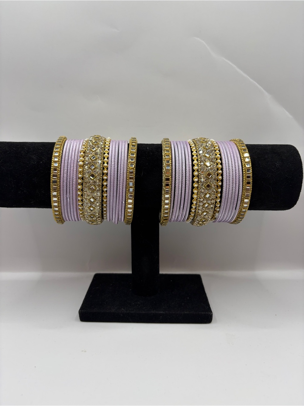 Y2K Desi Kundan Lavender and Gold Crystal Bangle Set - Both Hands
